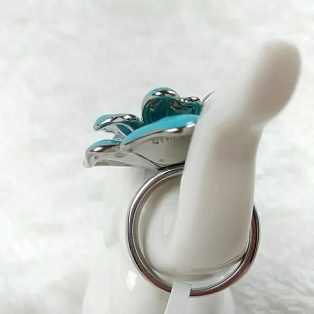 Blue Flower Statement Chunky Ring Stainless Steel Nickel Free Hypoallergenic